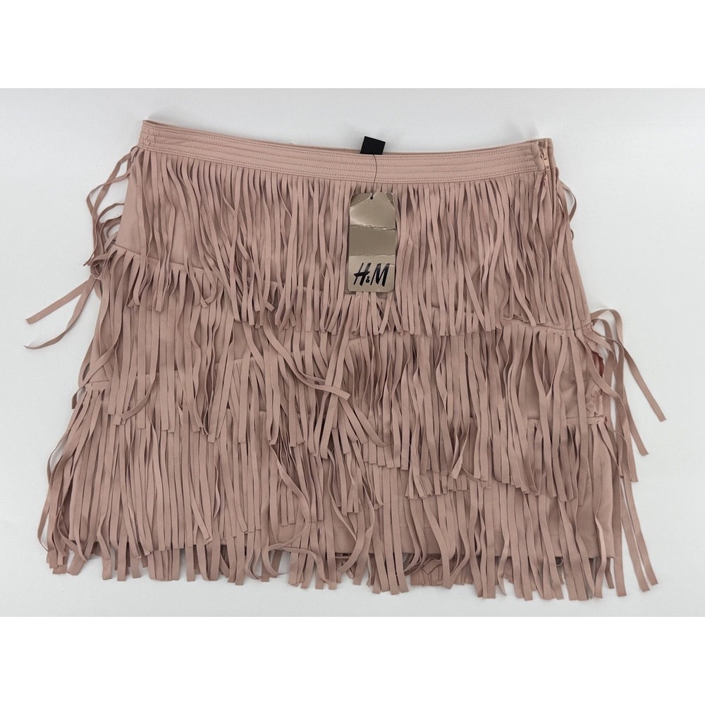 H&M Pink Faux Leather‎ Fringe Mini Skirt Tiered Western Festival Size 10 NEW